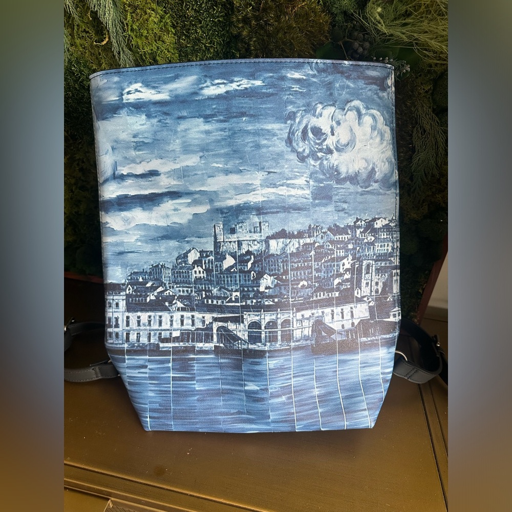 Blue Vegan Leather Zippered Backpack - Blue Authentic Lisbon Mural Reproduction